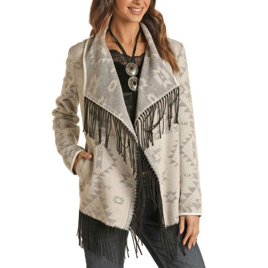 Fashions * | Powder River Ladies Aztec Natural Jacquard Fringe Jacket 52-1017-12 Lower Prices