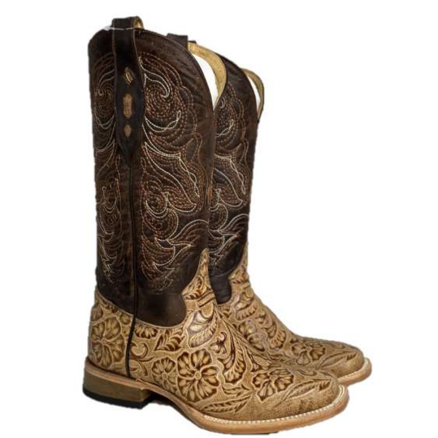 Booties * | Cowtown Ladies Oryx Floral Tooled Brown & Tan Square Toe Boots Q452 Online