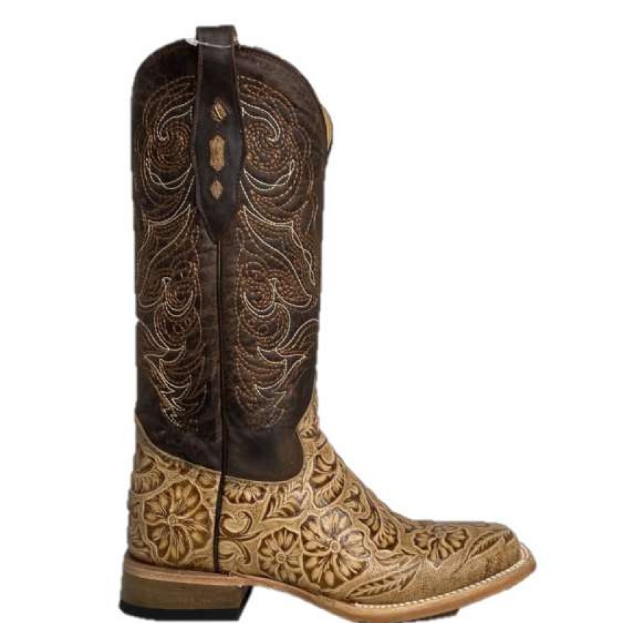 Booties * | Cowtown Ladies Oryx Floral Tooled Brown & Tan Square Toe Boots Q452 Online