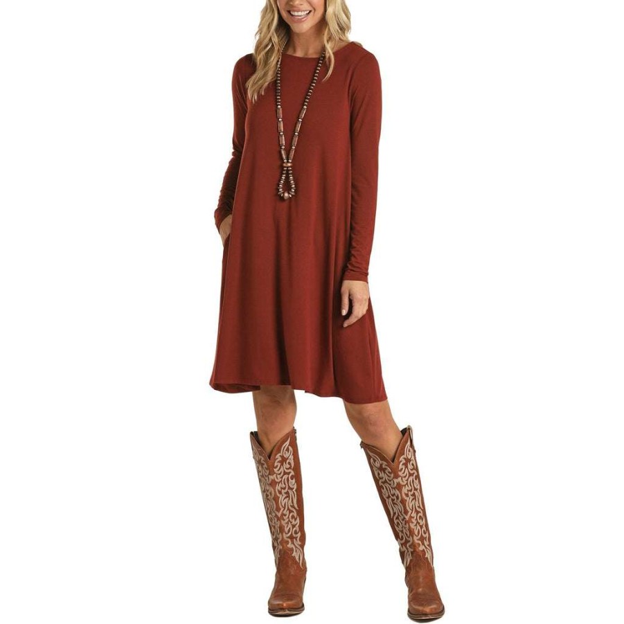 Fashions * | Panhandle Ladies Swing Long Sleeve Rust Dress L8D1902-90 Good Quality Red