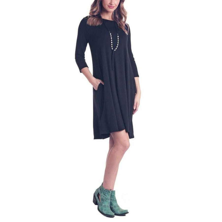 Fashions * | Panhandle Ladies Black 3/4 Sleeve Knit Dress J9D6803-01 Bestsellers Blue