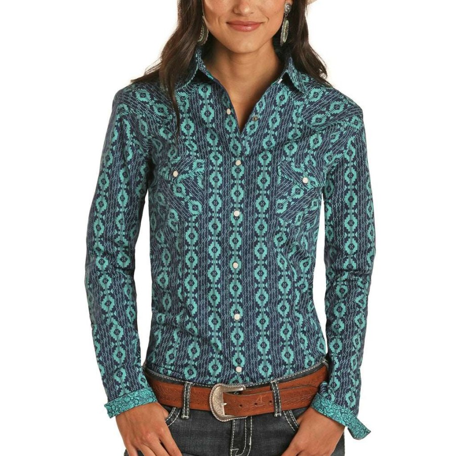 Fashions * | Panhandle Rough Stock Ladies Long Sleeve Navy Snap Shirt R4S9002 Lower Prices