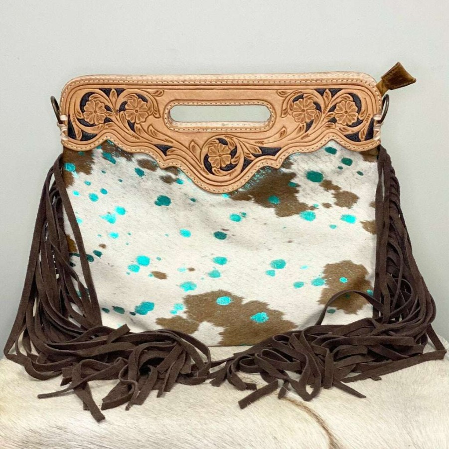 Fashions * | American Darling Brown & White Cowhide Fringe Crossbody Adbgs146Actrq Good Quality