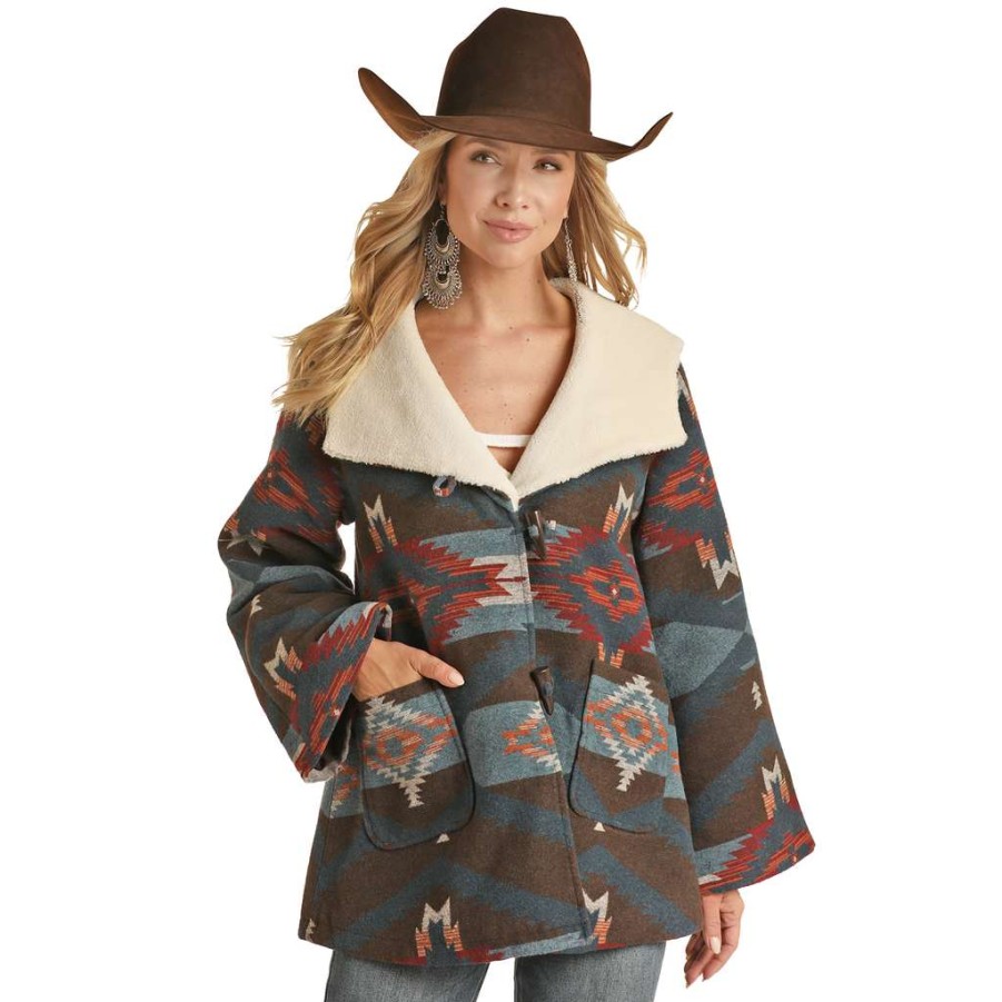 Fashions * | Powder River Ladies Teal Aztec Wool Cape Coat Prwo92Rzz0-81 Special Offers