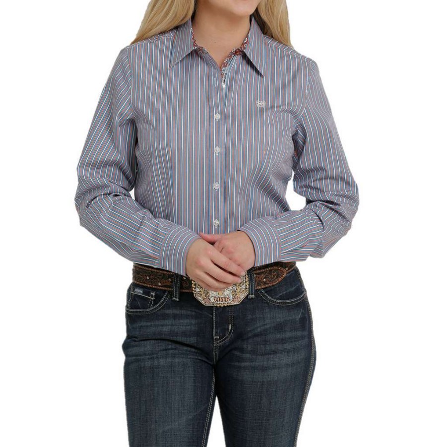 Fashions * | Cinch Ladies Striped Periwinkle Long Sleeve Button Down Msw9165018 Latest Fashion Blue