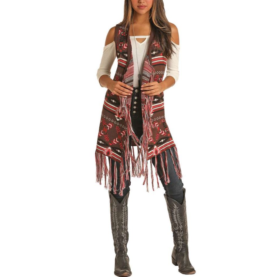 Fashions * | Powder River Outfitters Ladies Aztec Jacquard Fringe Vest 58A6716 Good Quality