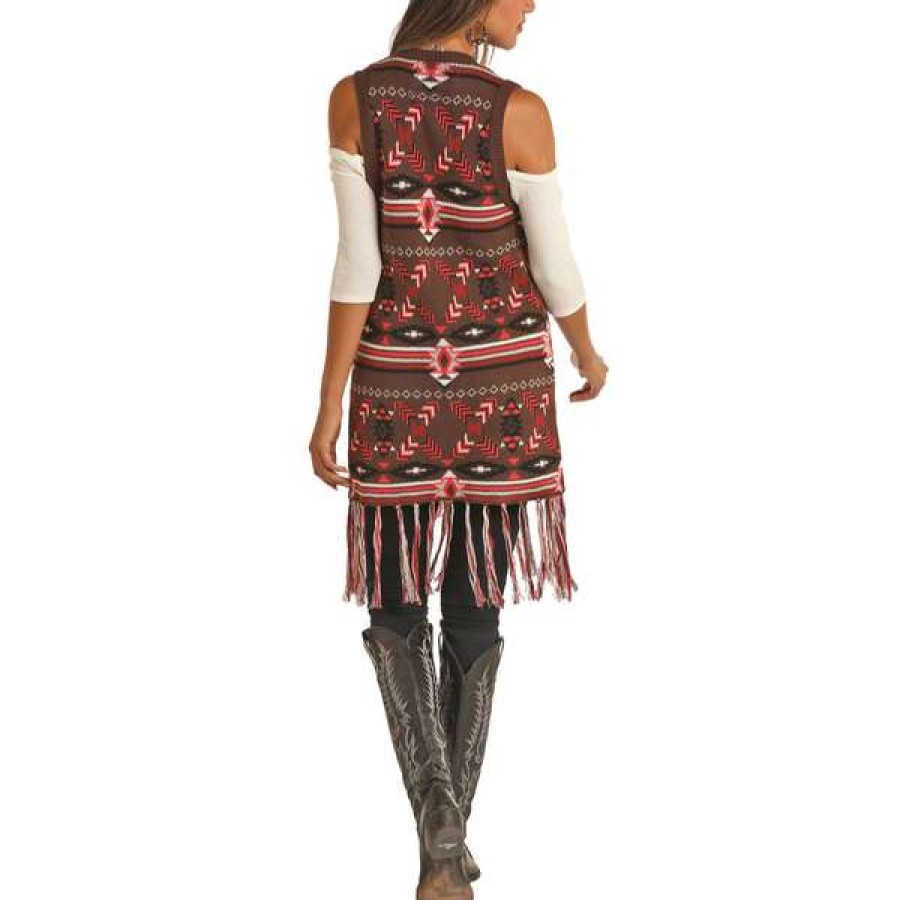 Fashions * | Powder River Outfitters Ladies Aztec Jacquard Fringe Vest 58A6716 Good Quality