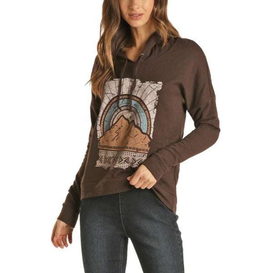 Fashions * | Rock & Roll Cowgirl Ladies Sunset Mountain Sweatshirt Hoodie 48H2353 Promotions