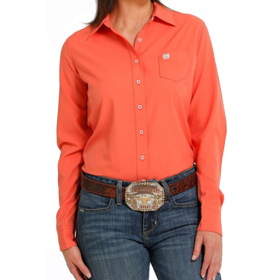 Fashions * | Cinch Ladies Solid Coral Arenaflex Button Down Shirt Msw9163010 Online