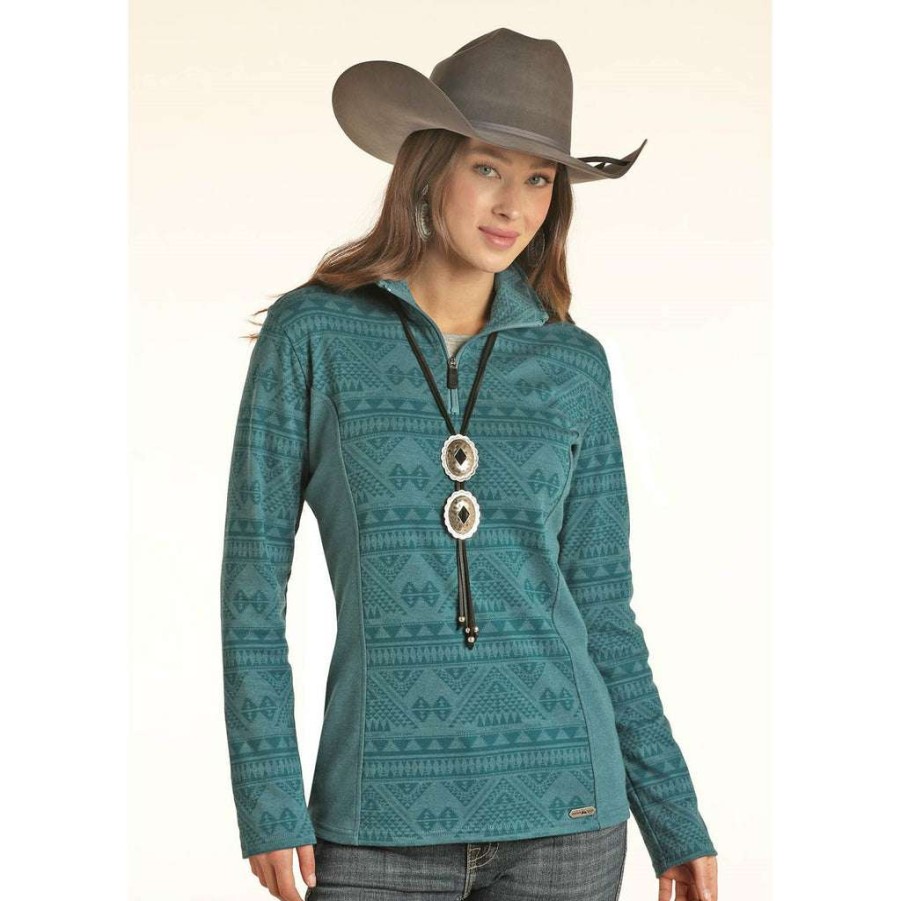 Fashions * | Powder River Ladies Aztec Knit Henley 1/4 Zip Teal Sweatshirt 51-1036 Excellent Quality Blue