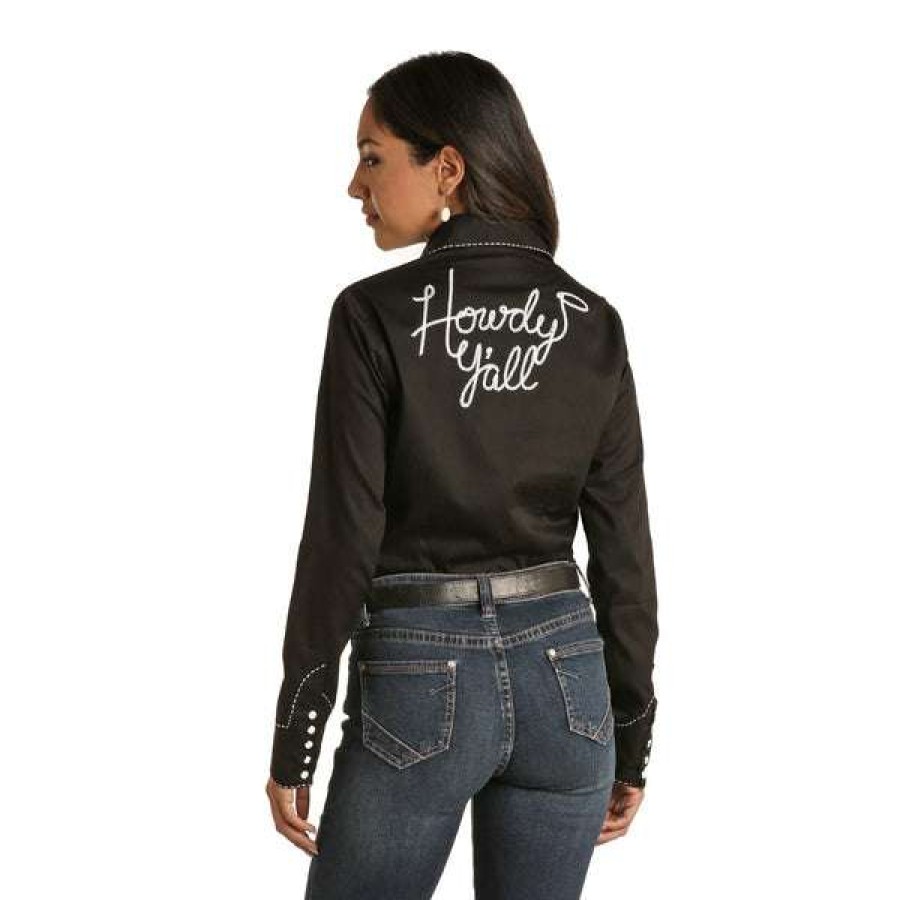 Fashions * | Rock & Roll Cowgirl Ladies "Howdy Y'All" Black Snap Shirt B4S8416-01 Special Offers