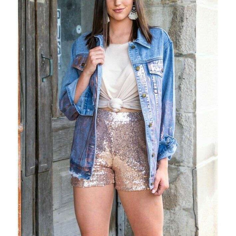 Fashions * | L&B Ladies Denim With Rose Gold Metallic Rust Jacket Dp5378-Rg Featured Blue