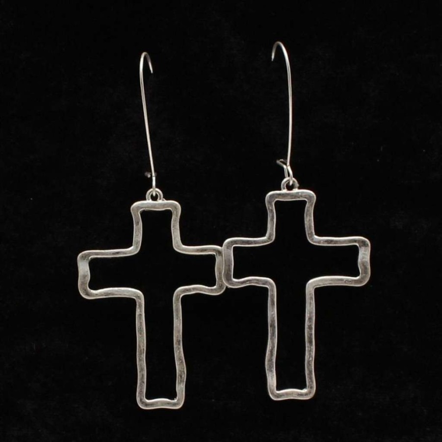 Fashions * | M&F Ladies Hanging Outlined Silver Cross Earrings D4600115 Fashionable