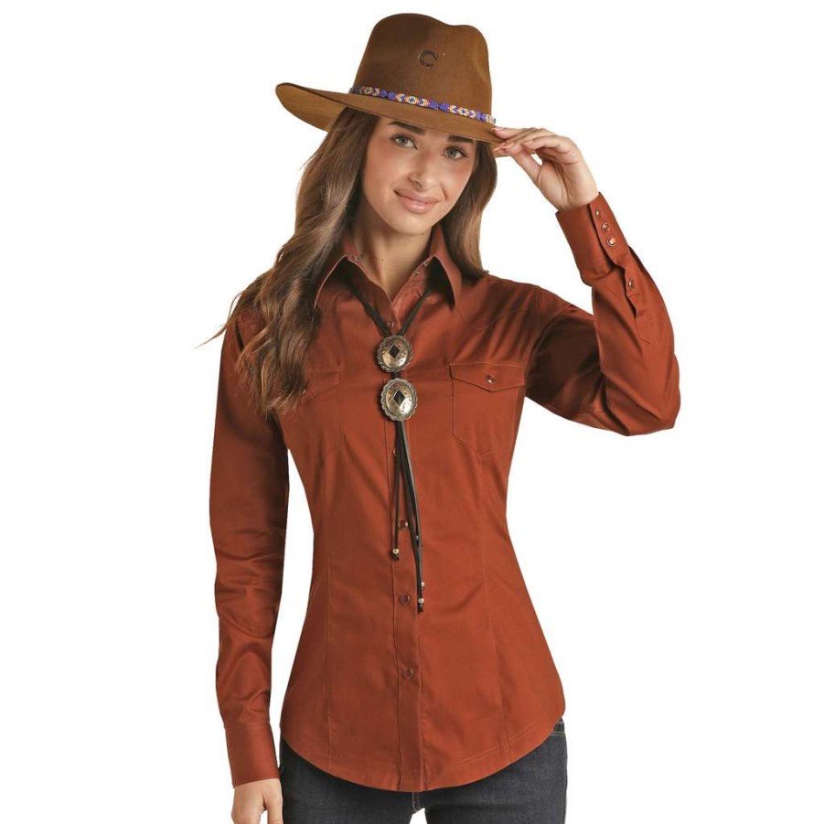 Fashions * | Panhandle Ladies Solid Stretch Poplin Rust Snap Shirt Pswsosrz2N-90 Discount Online