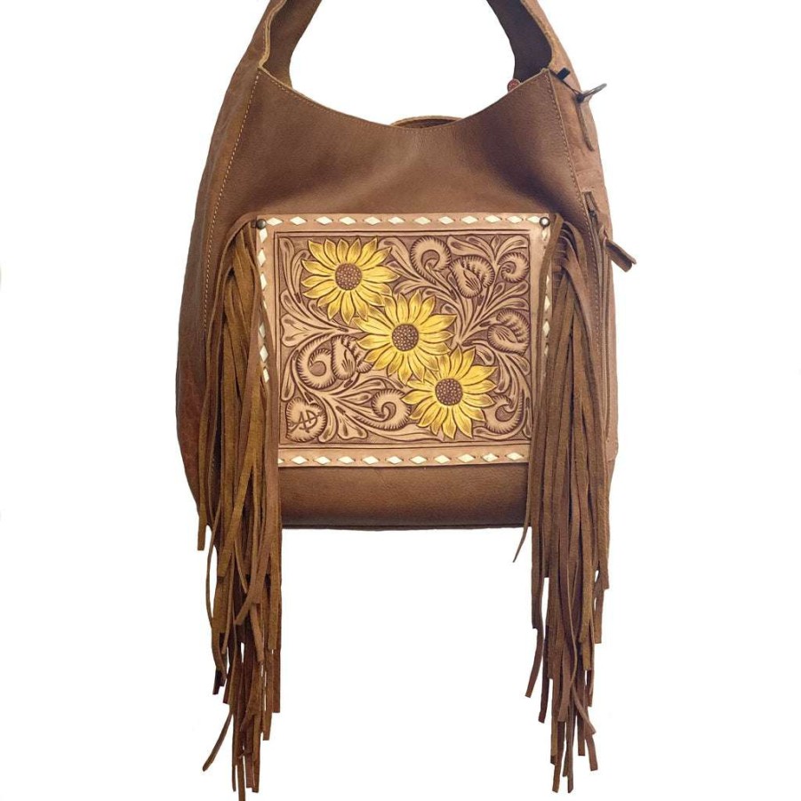 Fashions * | American Darling Brown Leather Sunflower With Fringe Purse Adbg622A Promotions