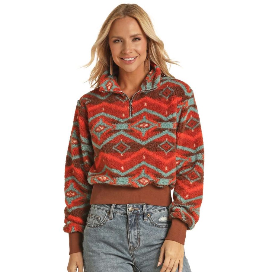 Fashions * | Rock & Roll Ladies Printed Sherpa Burnt Orange Pullover Rrwt91R04I-92 Good Quality Red