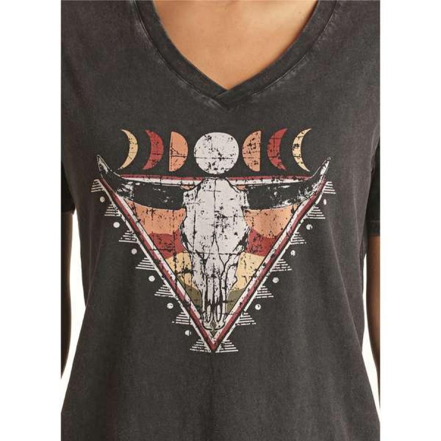 Fashions * | Rock & Roll Ladies V-Neck Graphic Black T-Shirt Rrwt21R056-01 Special Offers