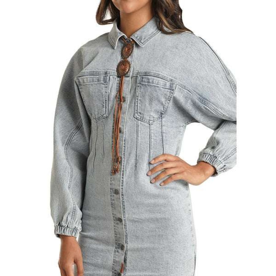 Fashions * | Rock & Roll Cowgirl Ladies Light Wash Long Sleeve Dress Wd-3709 Store Blue