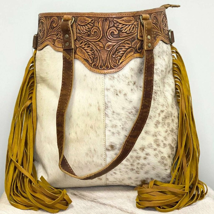 Fashions * | American Darling White And Brown Cowhide Fringe Purse Adbgz166 Discount Online