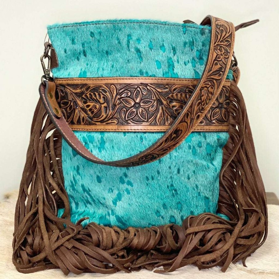 Fashions * | American Darling Leather And Turquoise Cowhide Crossbody Adbgs192Trq2 Crazy Deals