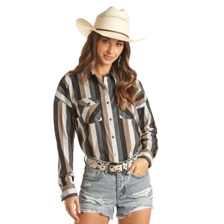 Fashions * | Rock & Roll Cowgirl Ladies Boyfriend Fit Stripe Long Sleeve Shirt B4S3334 Fashion Multi-Color