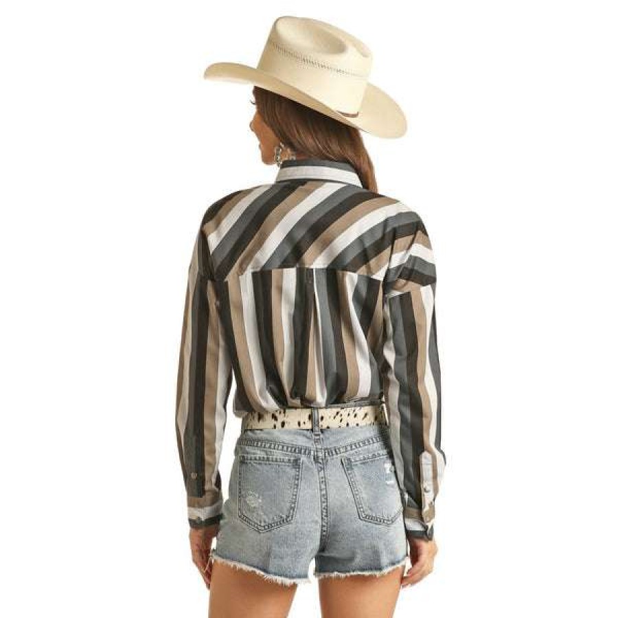 Fashions * | Rock & Roll Cowgirl Ladies Boyfriend Fit Stripe Long Sleeve Shirt B4S3334 Fashion Multi-Color