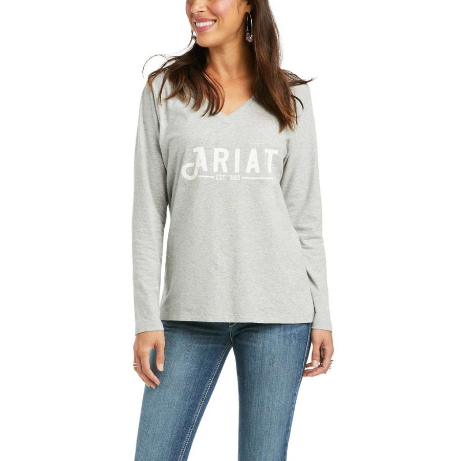 Fashions * | Ariat Ladies Real Long Sleeve Heather Grey Logo Tee 10037525 Premium