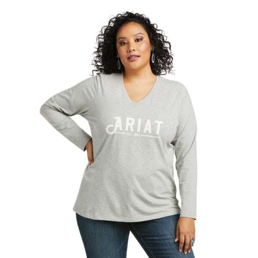 Fashions * | Ariat Ladies Real Long Sleeve Heather Grey Logo Tee 10037525 Premium