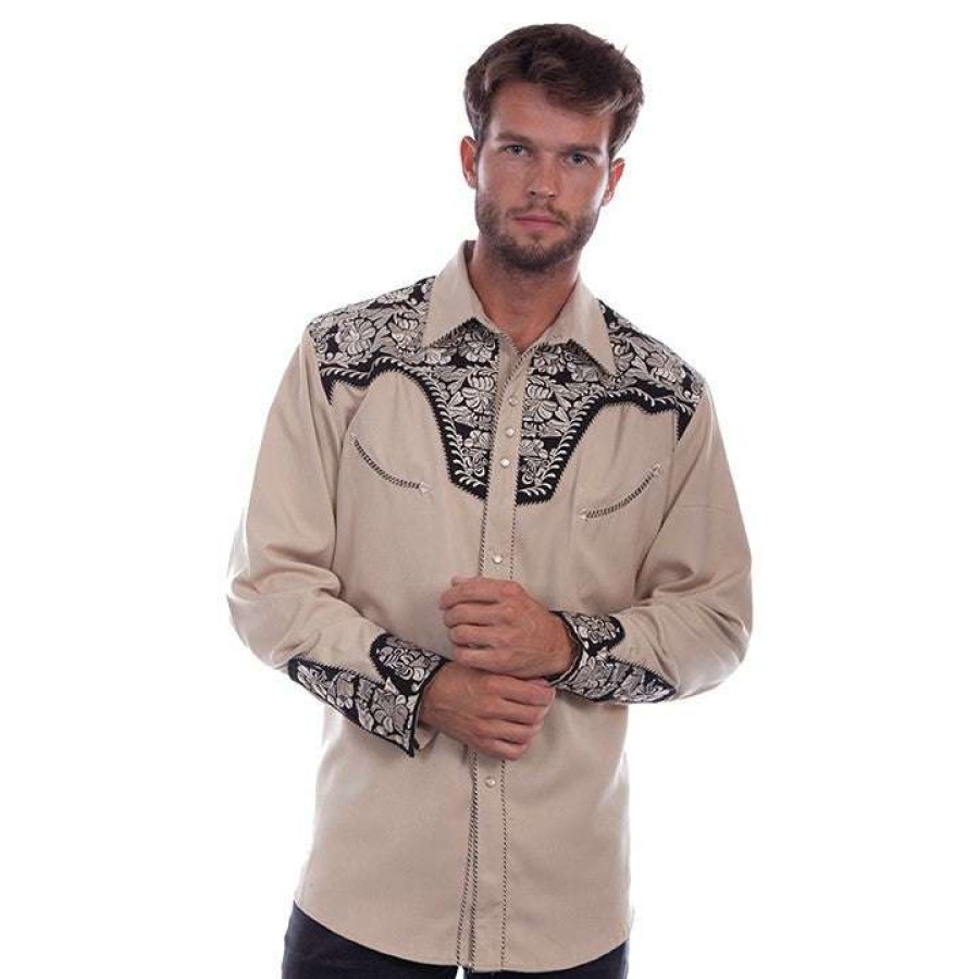 Fashions * | Scully Men'S Tan Floral Embroidery Western Snap Up Shirt P-634-Tan Fashion