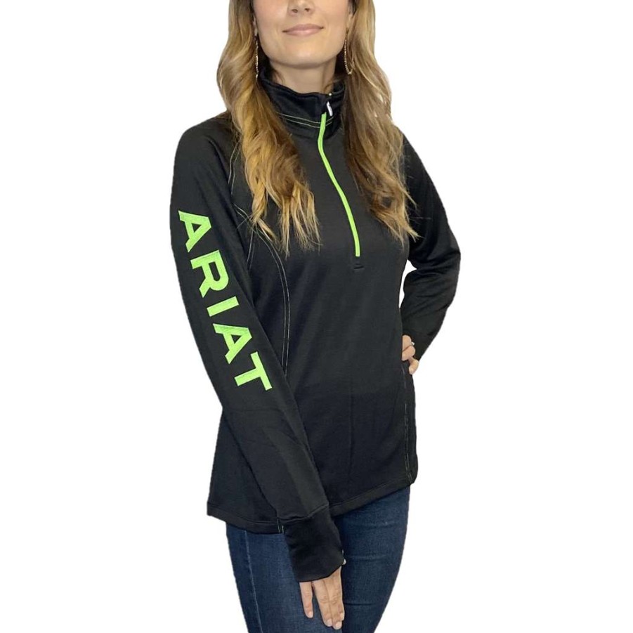 Fashions * | Ariat Ladies Tek Team Black & Lime 1/2 Zip Sweatshirt 10039086 Shop