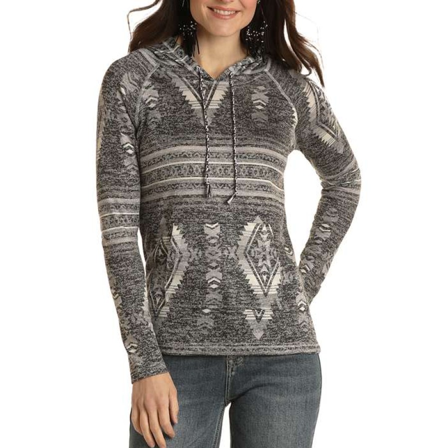 Fashions * | Panhandle White Label Ladies Black Aztec Printed Pullover Hoodie Wlwt94R024-01 Latest Fashion