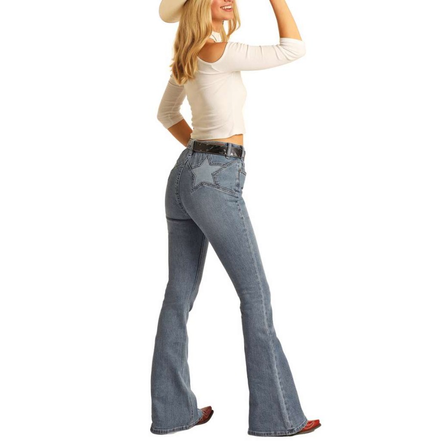 Fashions * | Rock & Roll Ladies Blue Star Design Medium Wash Flare Jeans Rrwd6Hrztr Fashion