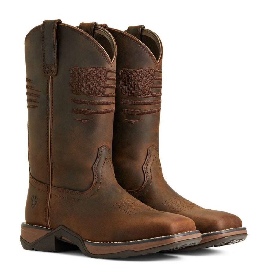 Booties * | Ariat Ladies Anthem Patriot Distressed Square Toe Boots 10040271 Special Style Brown