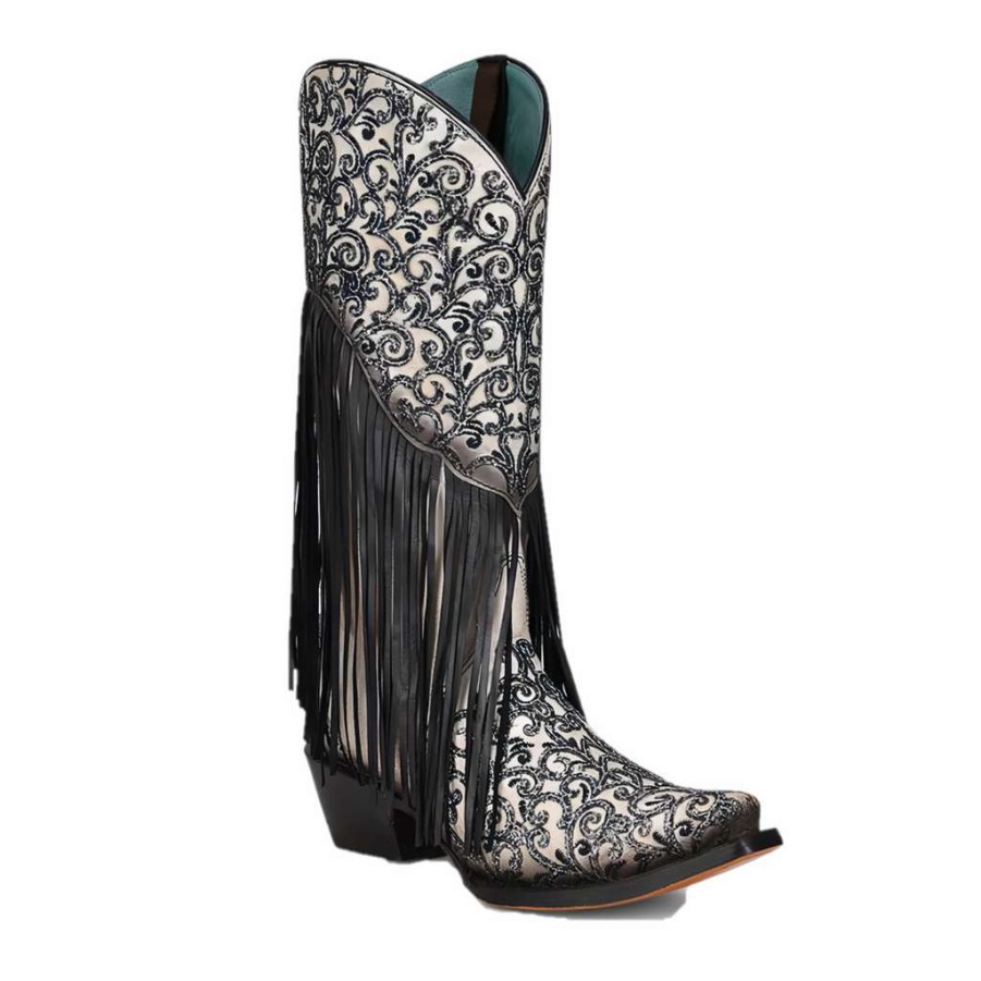 Booties * | Corral Ladies White Overlay Fringed Boots C3877 Shop Black