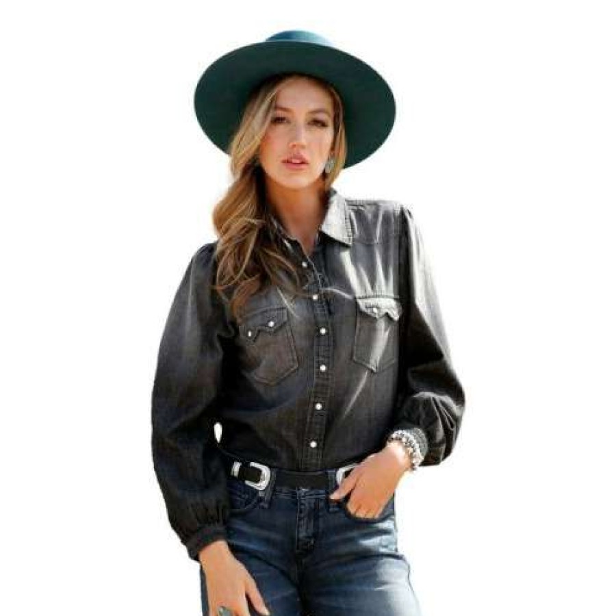 Fashions * | Cruel Girl Ladies Chambray Western Black Button Down Shirt Ctw7383001 Special Style