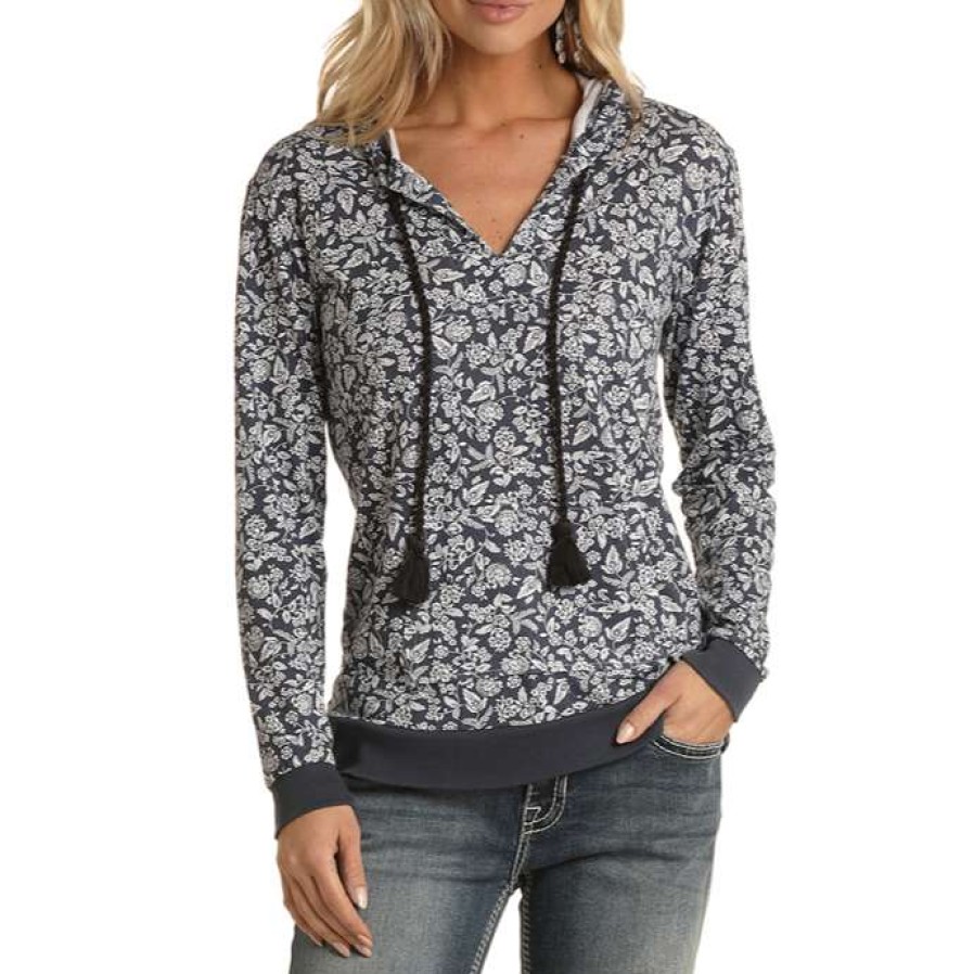 Fashions * | Panhandle White Label Ladies Floral Print Navy Pullover Hoodie Wlwt94R012-42 Special Style