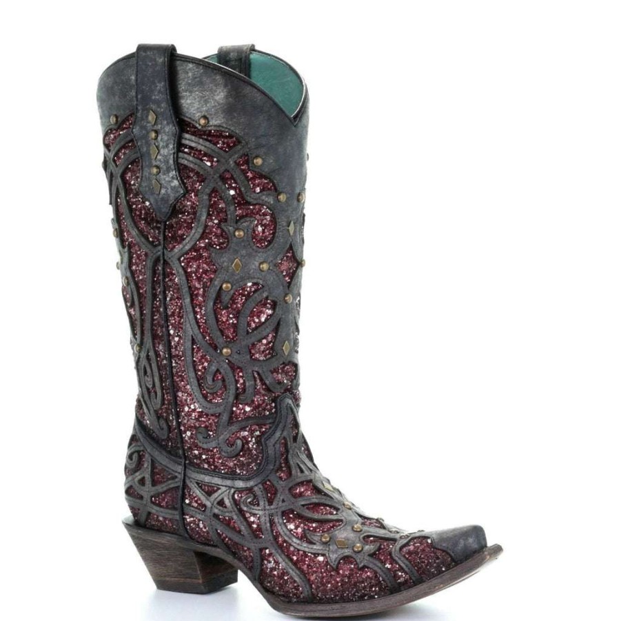 Booties * | Corral Ladies Purple Glitter Inlay & Studs Boots C3406 Discount Online Black