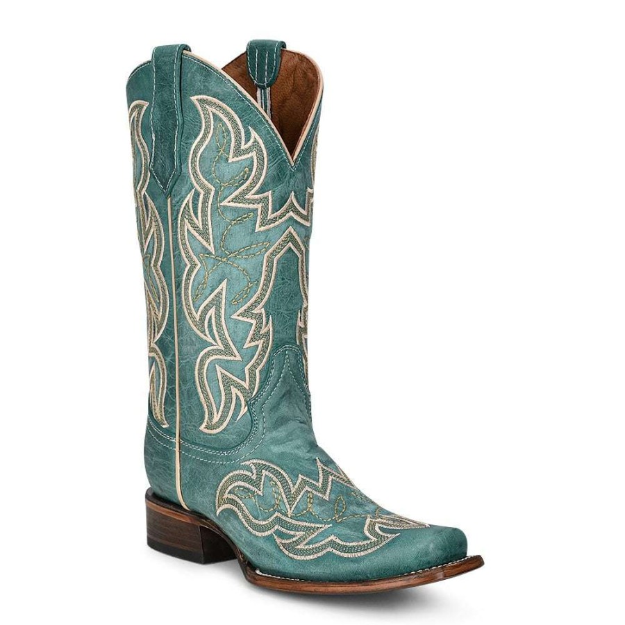 Booties * | Circle G By Corral Ladies Turquoise Embroidery Square Toe Boots L5880 Special Offers Blue