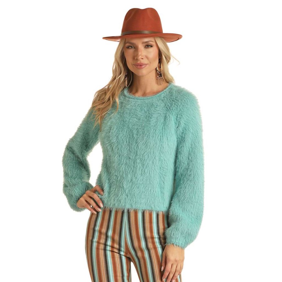 Fashions * | Rock & Roll Ladies Fuzzy Solid Turquoise Sweater Rrwt32R042-87 Special Style