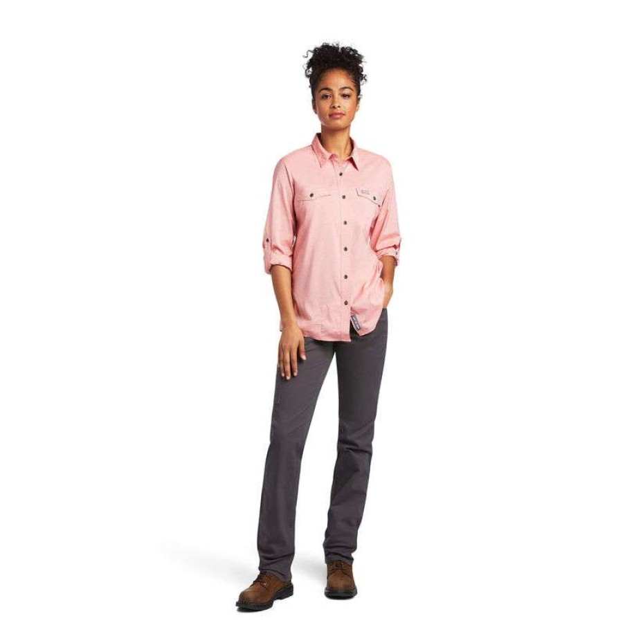 Fashions * | Ariat Ladies Rebar Venttek Summer Melon Button Down Shirt 10039481 Lower Prices Pink