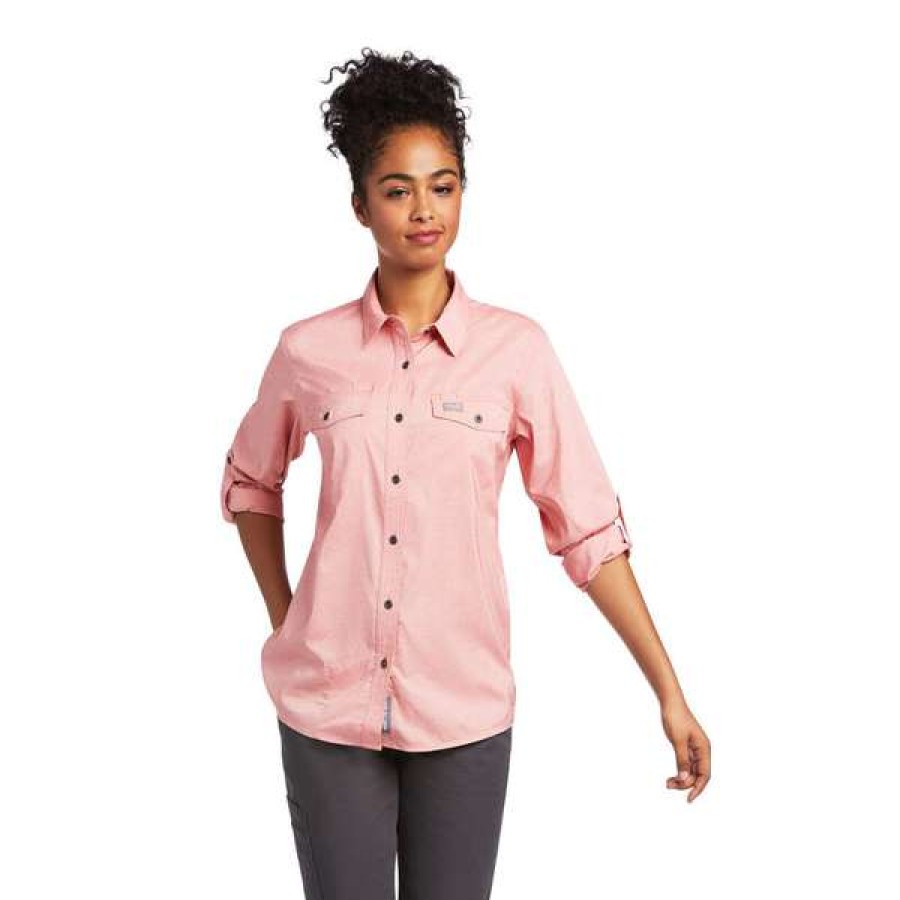 Fashions * | Ariat Ladies Rebar Venttek Summer Melon Button Down Shirt 10039481 Lower Prices Pink