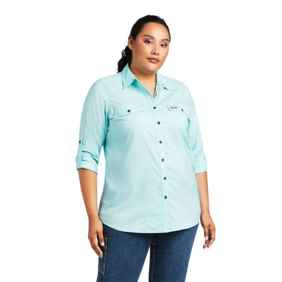 Fashions * | Ariat Ladies Rebar Venttek Aqua Sky Heather Button Down Shirt 10039480 Promotions Blue