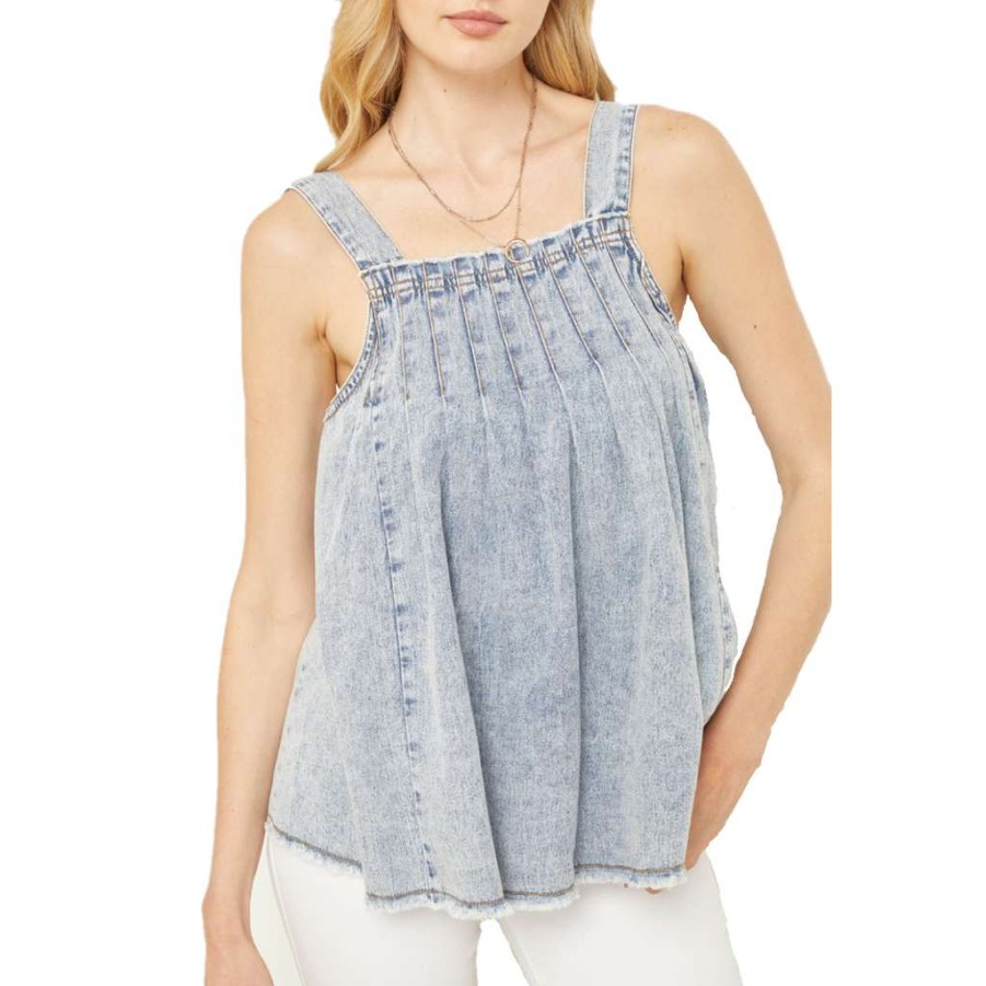 Fashions * | Entro Ladies Acid Wash Denim Square-Neck Sleeveless Shirt T16389-Dem Special Style Blue