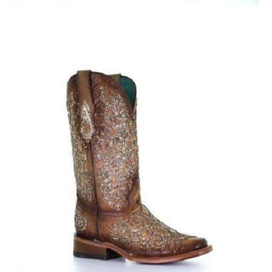 Booties * | Corral Ladies Saddle Overlay & Embroidery Square Toe Boots C3772 Fashion