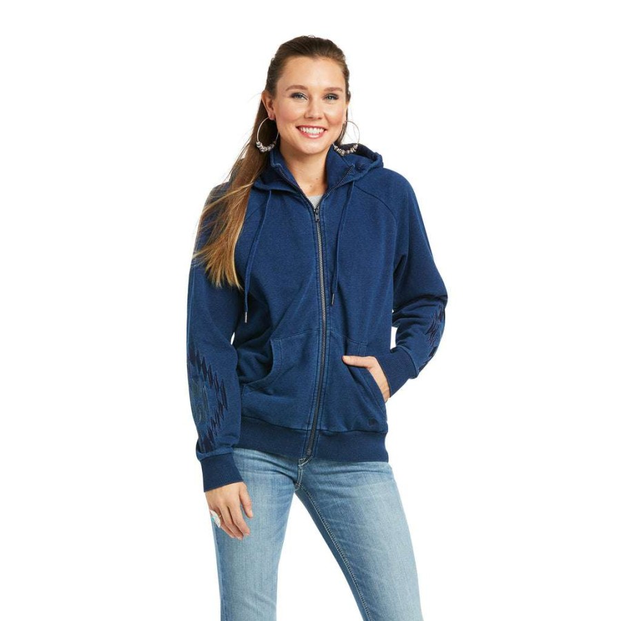 Fashions * | Ariat Ladies Knit Denim Full Zip Blue Velvet Hoodie 10036993 Fashionable