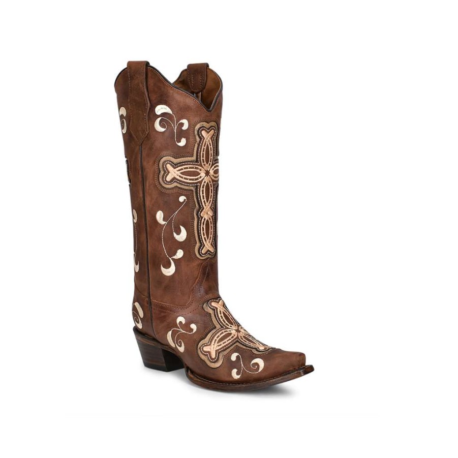 Booties * | Circle G By Corral Ladies Cross Overlay Embroidered Brown Boots L5894 Special Style