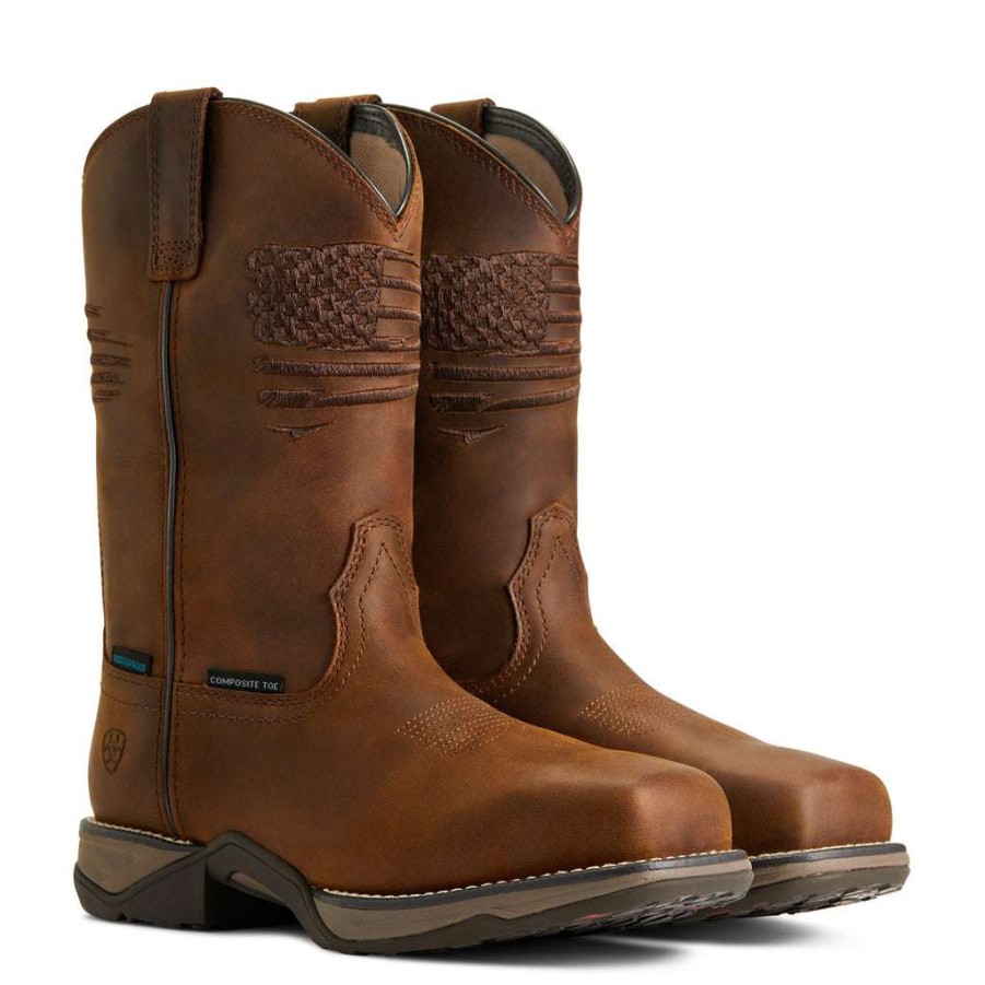 Booties * | Ariat Ladies Anthem Patriot Waterproof Brown Square Toe Boots 10040369 Featured