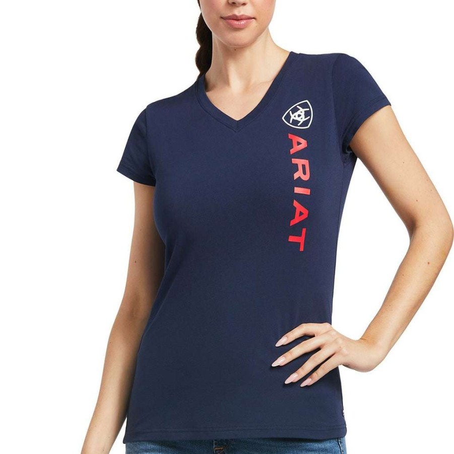 Fashions * | Ariat Ladies Vertical Logo Navy Short Sleeve T-Shirt 10039227 Discount Online