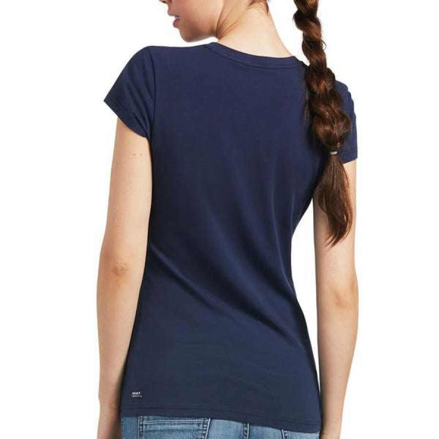 Fashions * | Ariat Ladies Vertical Logo Navy Short Sleeve T-Shirt 10039227 Discount Online