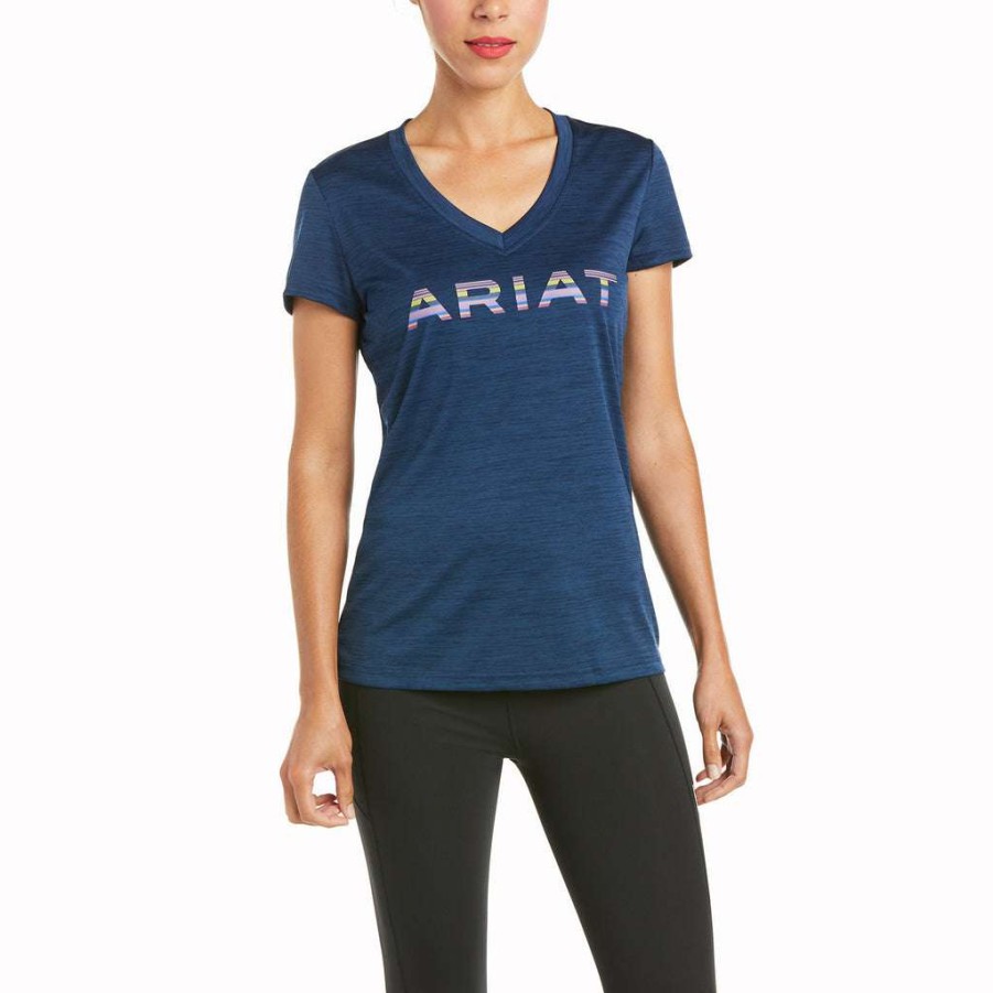 Fashions * | Ariat Ladies Performance Laguna Navy Logo Short Sleeve Shirt 10035511 Latest Fashion Blue